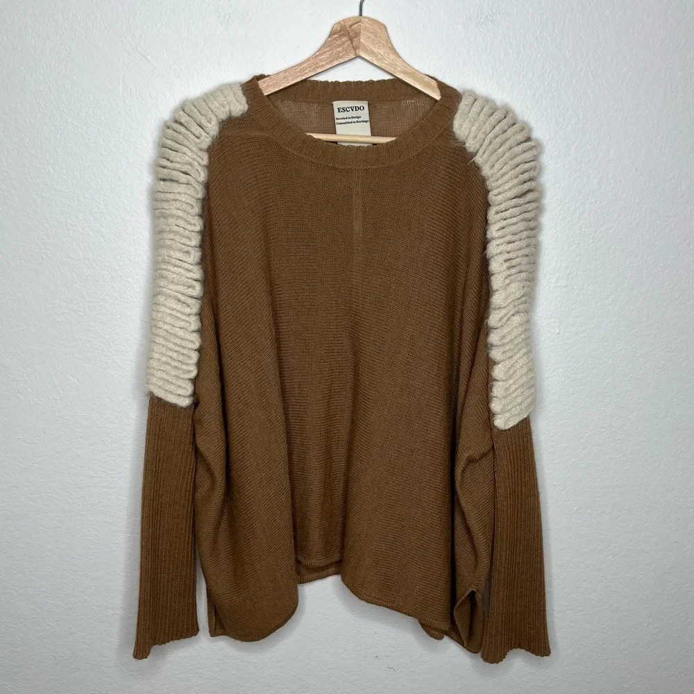 Escvdo Hand Wool Shoulder Embroidered Knit Sweater Brown Size Small